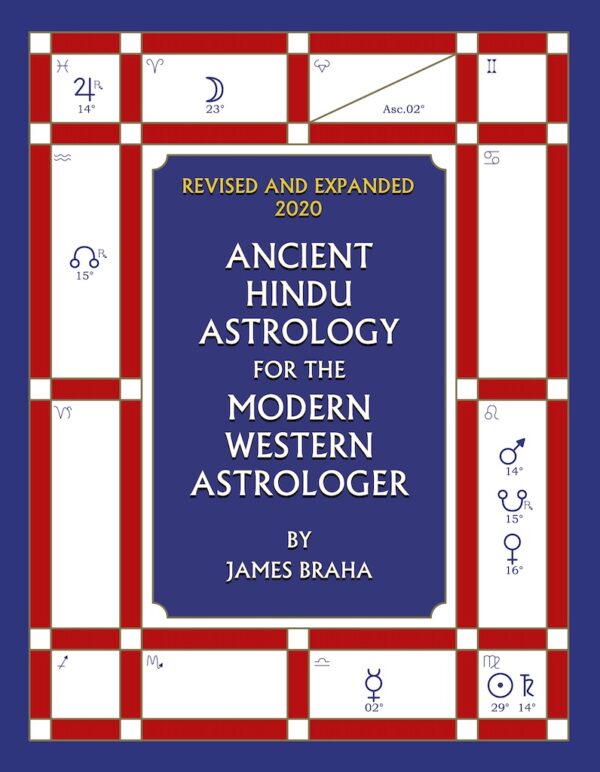 Book cover of Ancient Hindu Astrology by James Braha with a South Indian birth chart of planet glyphs framed with red and white against royal blue.