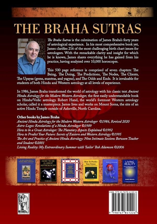 Back cover of The Braha Sutras by James Braha showing the author photo and thumbnail images of his six other books